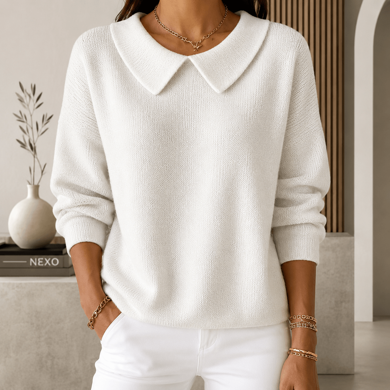 Hespera - Comfortable Plain Cotton Long-Sleeve Sweater