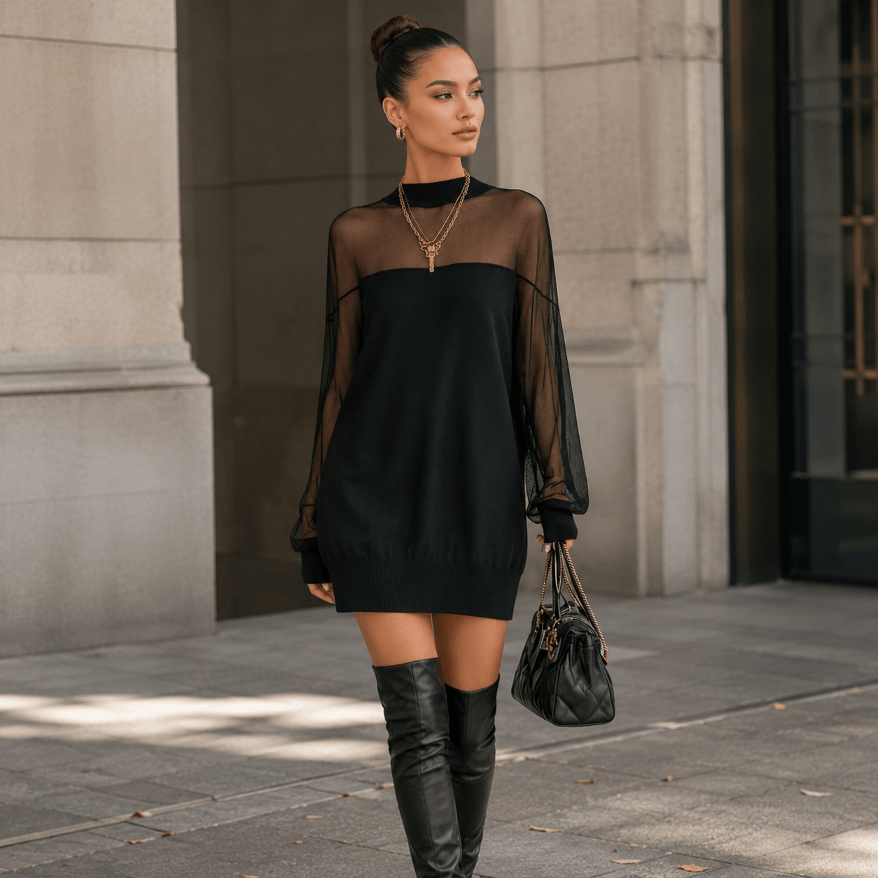 Amélie™ | Elegant Black Mini Dress with Mesh Sleeves