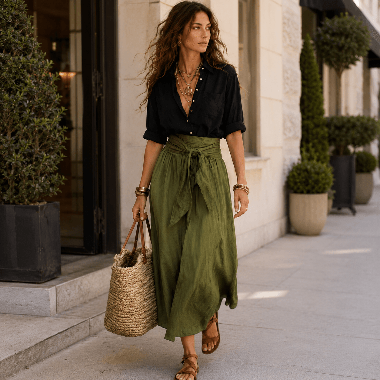 Vera™ | Two-Piece Set: Black Top and Olive Green Midi Skirt