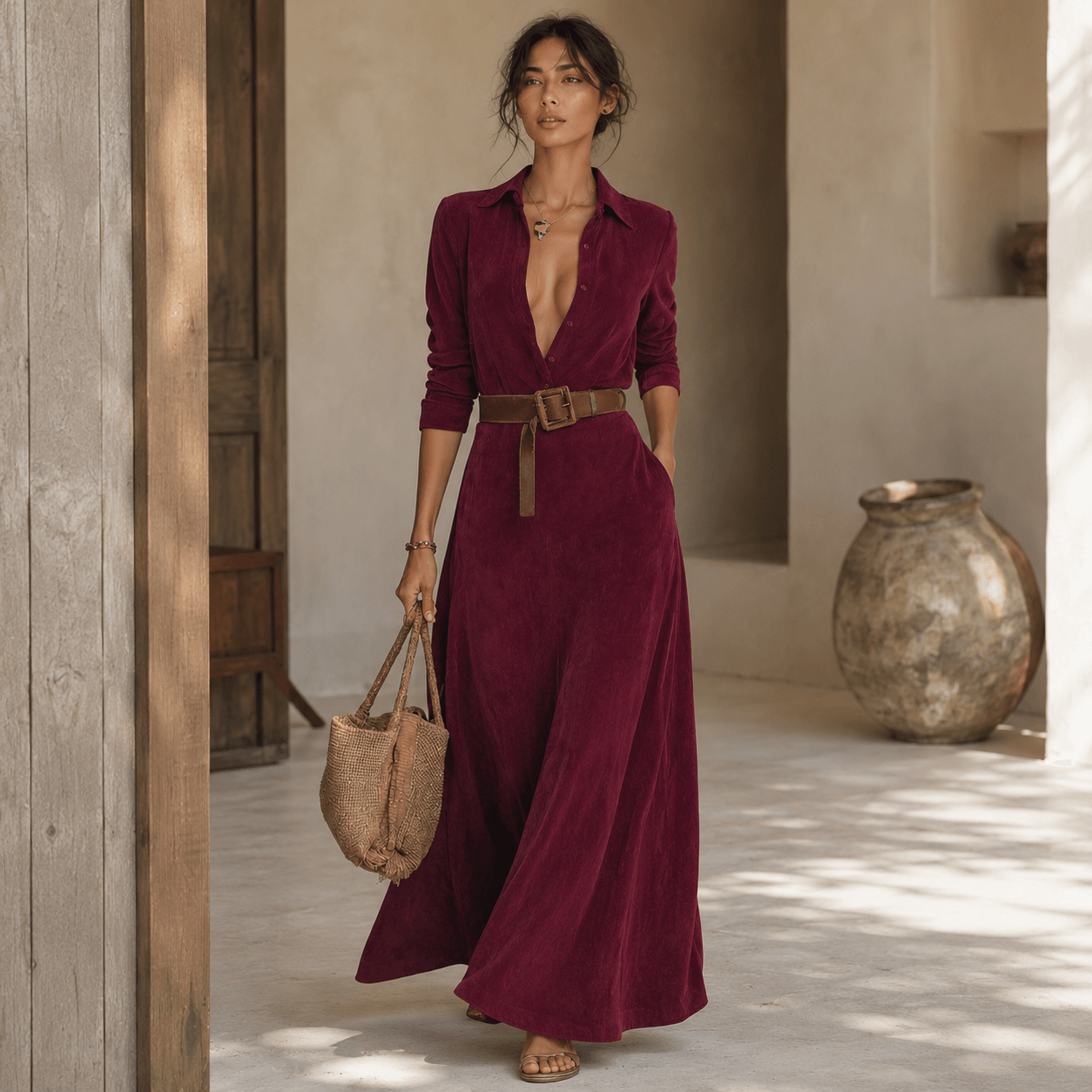 Juline™ | Suede-Look Maxi Dress with Lapel