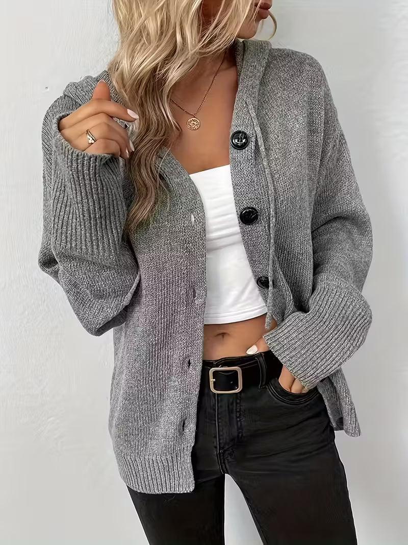 Karalina - Cable Knit Hooded Cardigan with Front Buttons