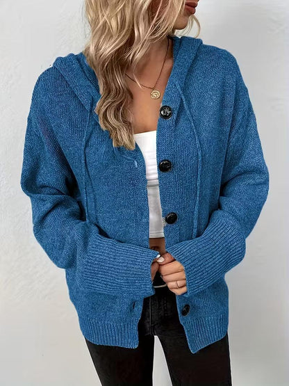 Karalina - Cable Knit Hooded Cardigan with Front Buttons