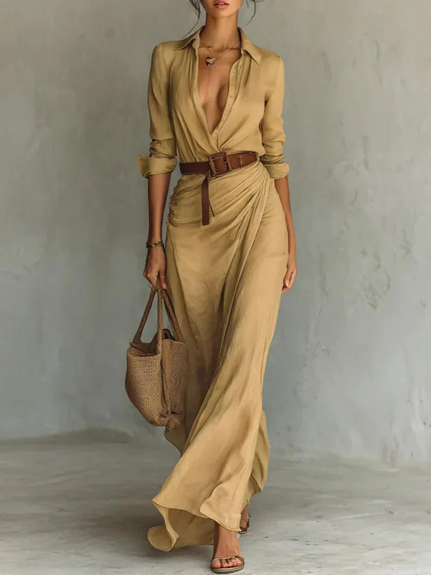 Camille™ | Maxi Dress with Lapel and Waist Belt