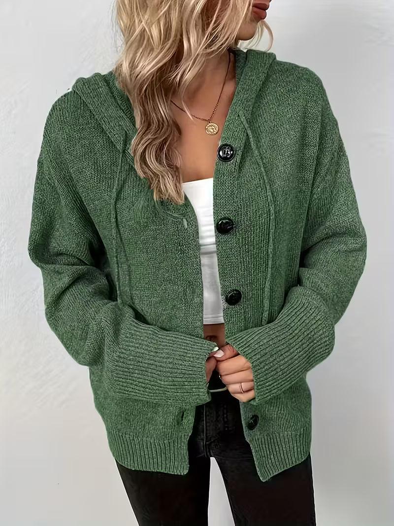 Karalina - Cable Knit Hooded Cardigan with Front Buttons