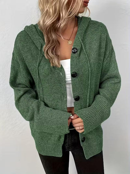 Karalina - Cable Knit Hooded Cardigan with Front Buttons