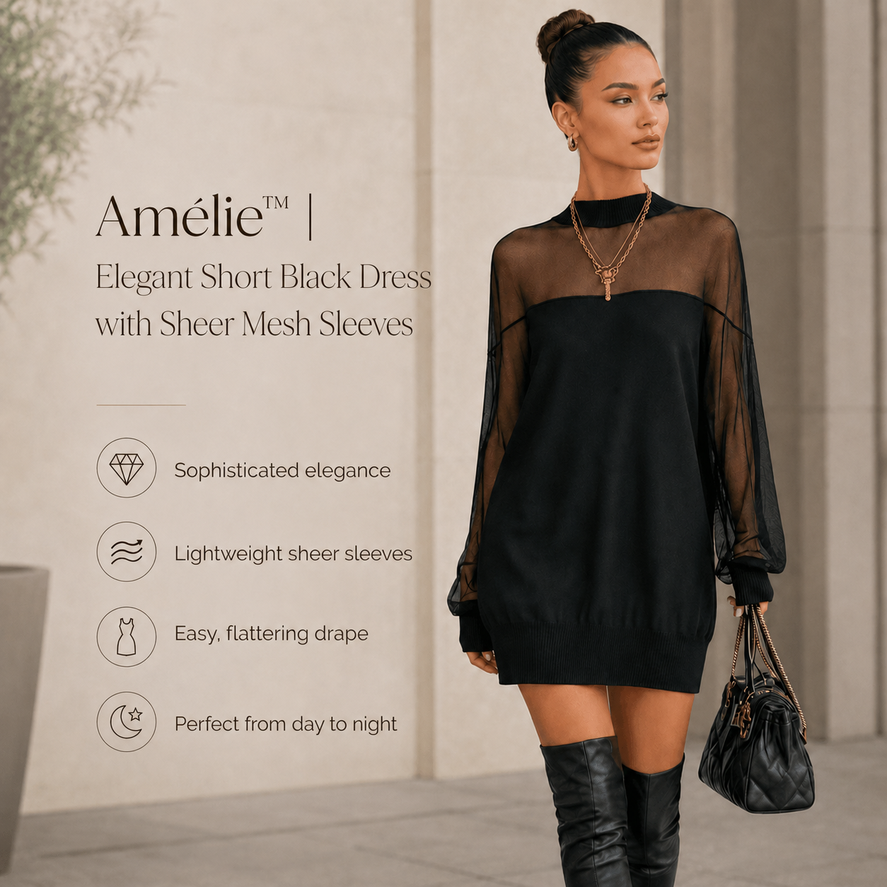 Amélie™ | Elegant Black Mini Dress with Mesh Sleeves