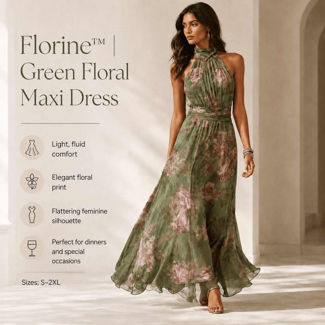 Florine™ | Green Floral Print Maxi Dress