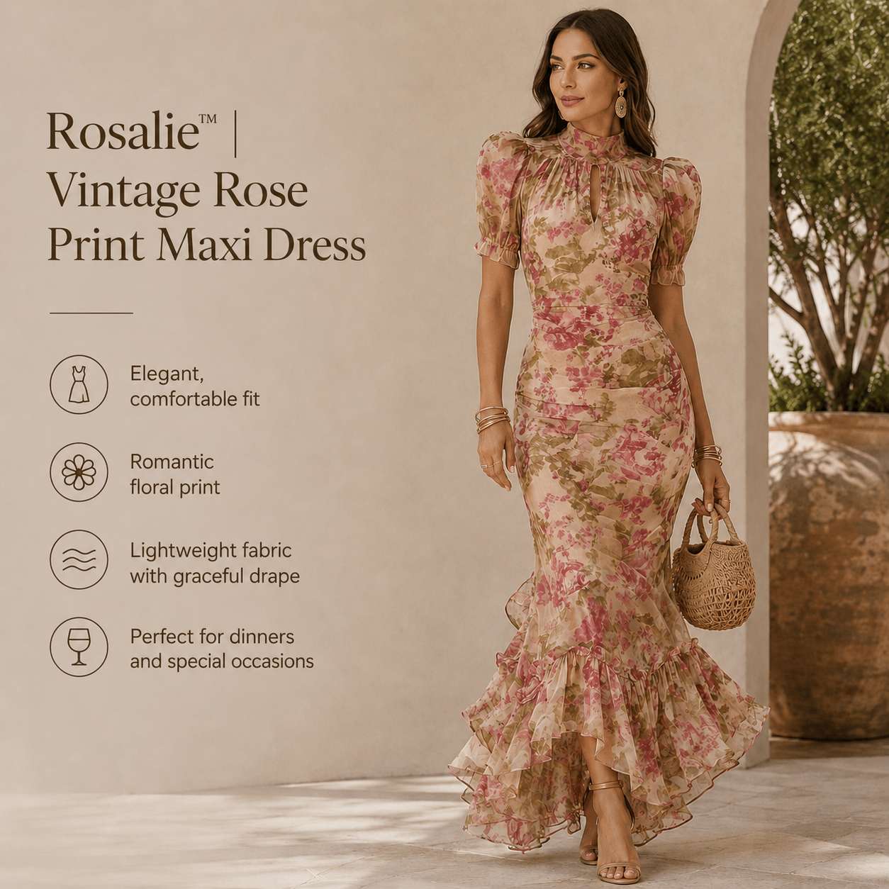 Rosalie™ | Vintage Rose Print Maxi Dress