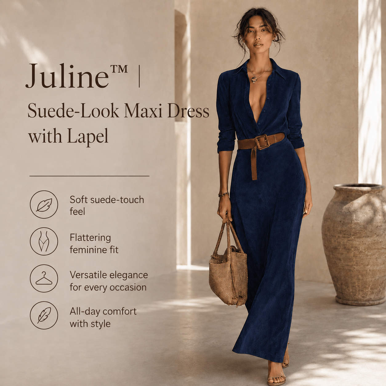 Juline™ | Suede-Look Maxi Dress with Lapel