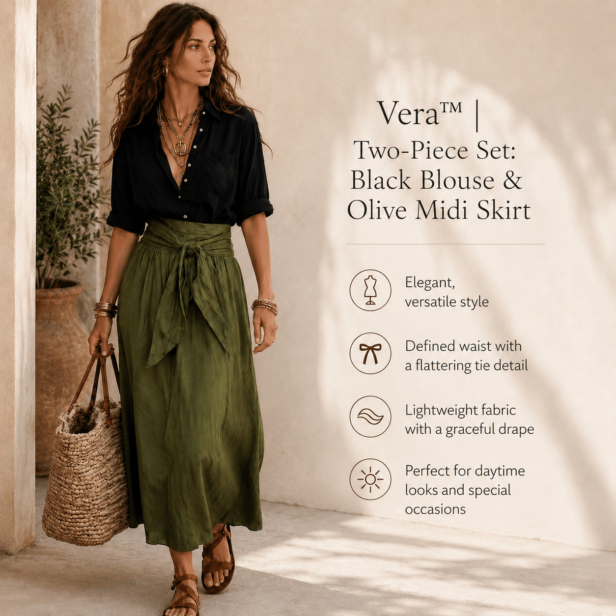 Vera™ | Two-Piece Set: Black Top and Olive Green Midi Skirt