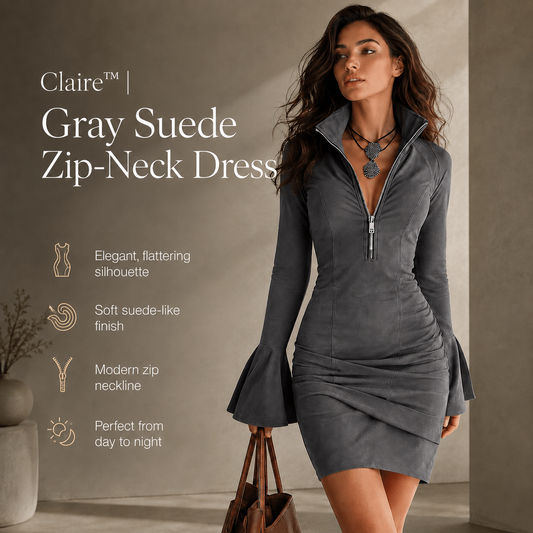 Claire™ | Gray Suede Dress with Zip Collar