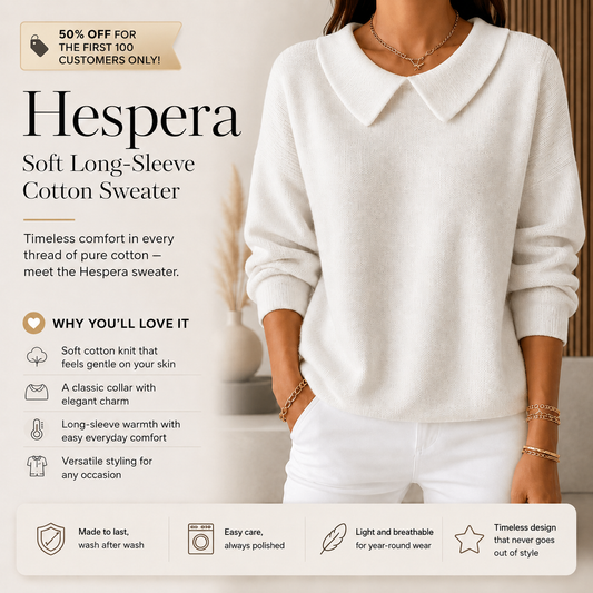 Hespera - Comfortable Plain Cotton Long-Sleeve Sweater