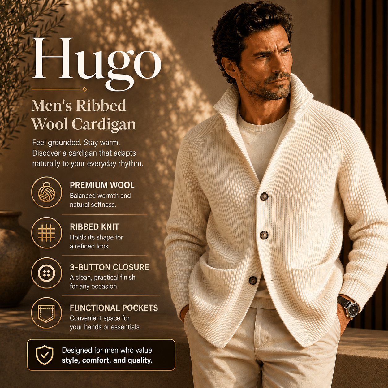 Hugo | Ribbed Wool Cardigan for Men