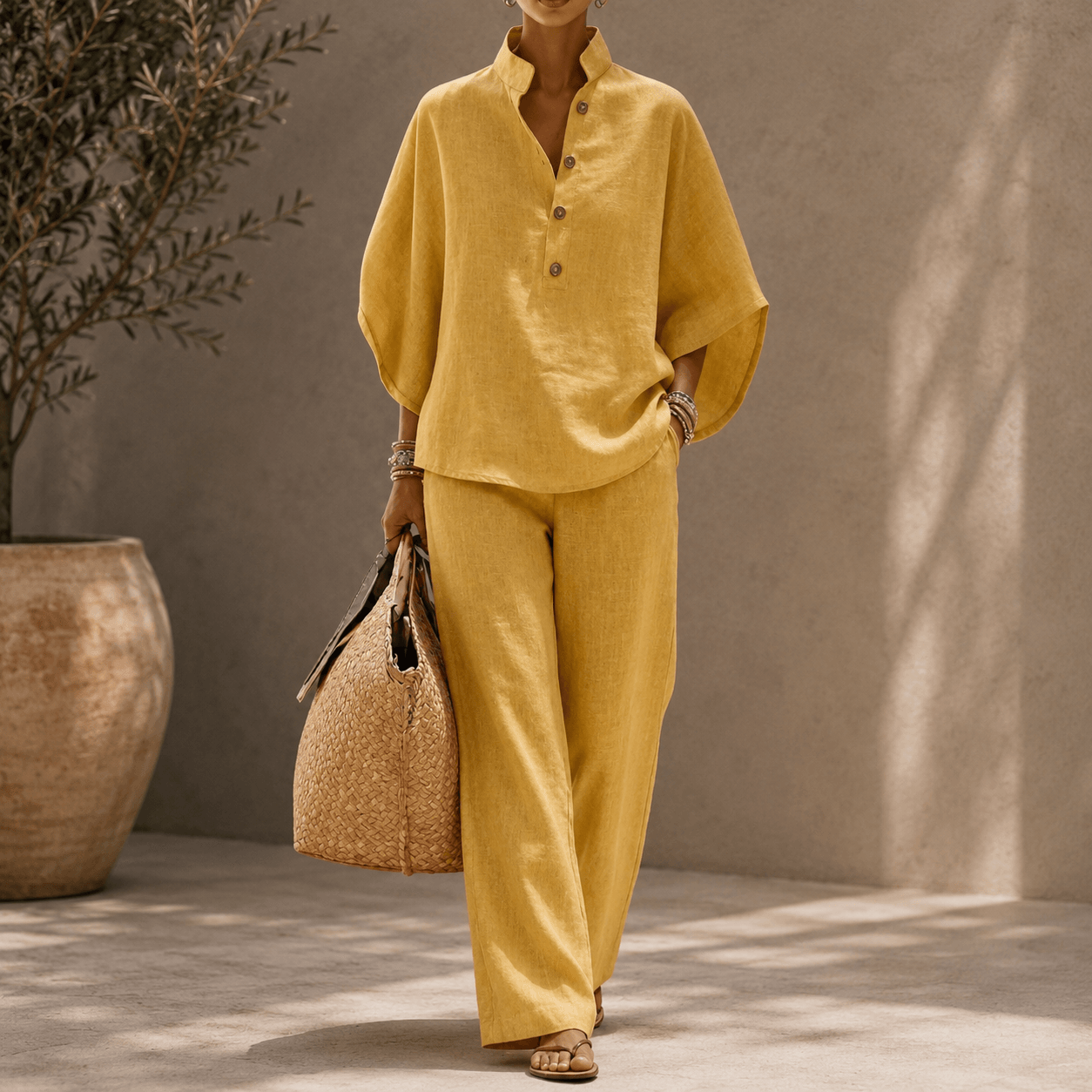 Maribel™ | Linen Set with Batwing Sleeves and Wide-Leg Pants