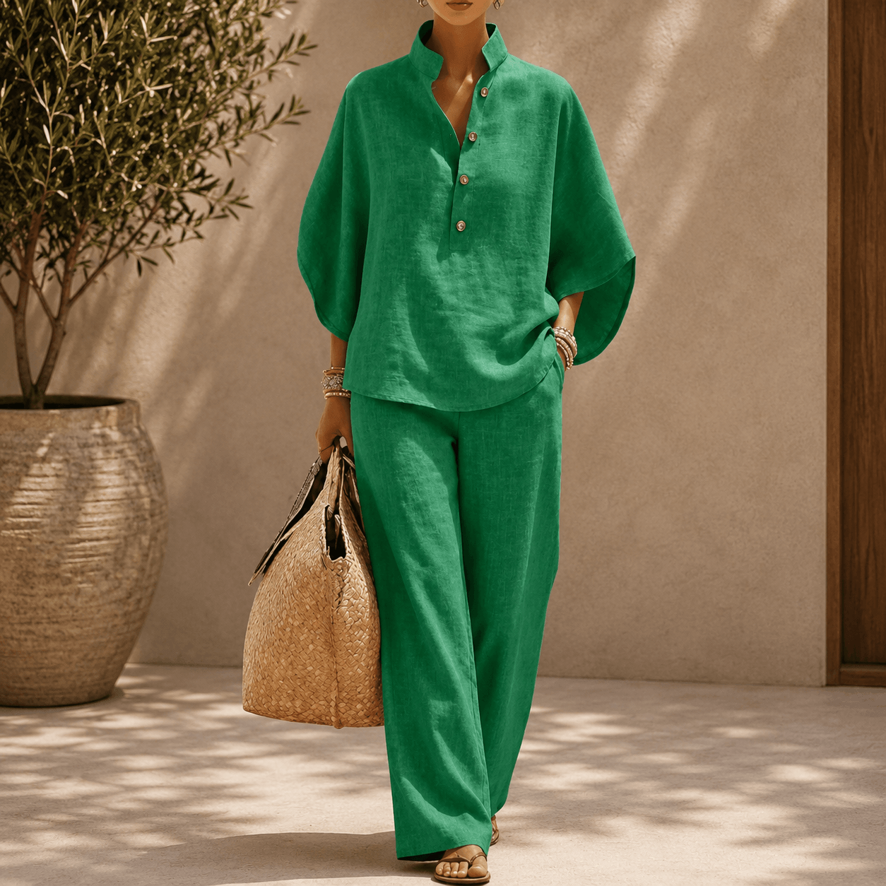Maribel™ | Linen Set with Batwing Sleeves and Wide-Leg Pants