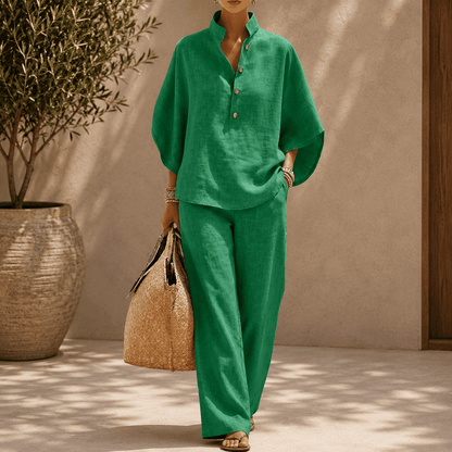 Maribel™ | Linen Set with Batwing Sleeves and Wide-Leg Pants