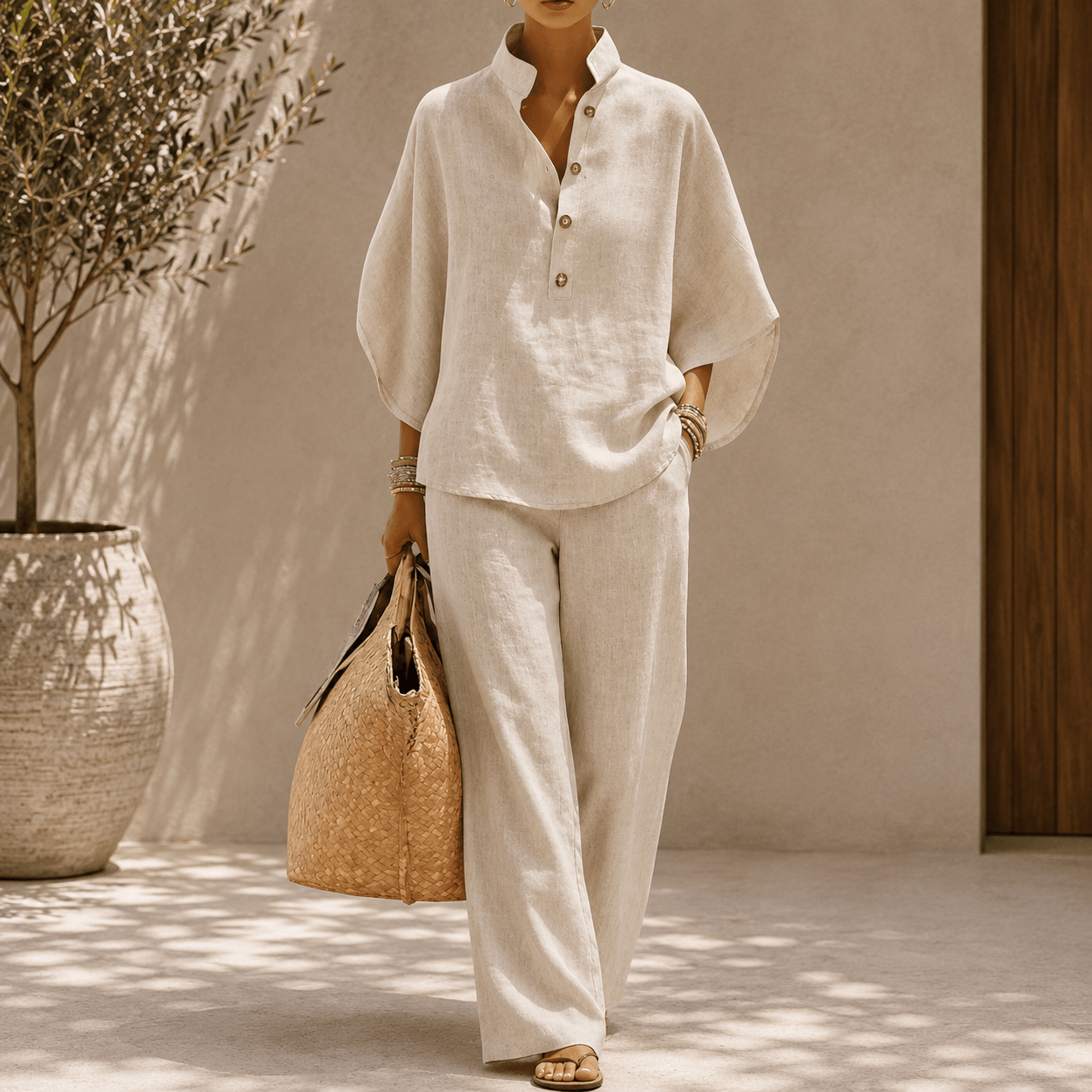 Maribel™ | Linen Set with Batwing Sleeves and Wide-Leg Pants