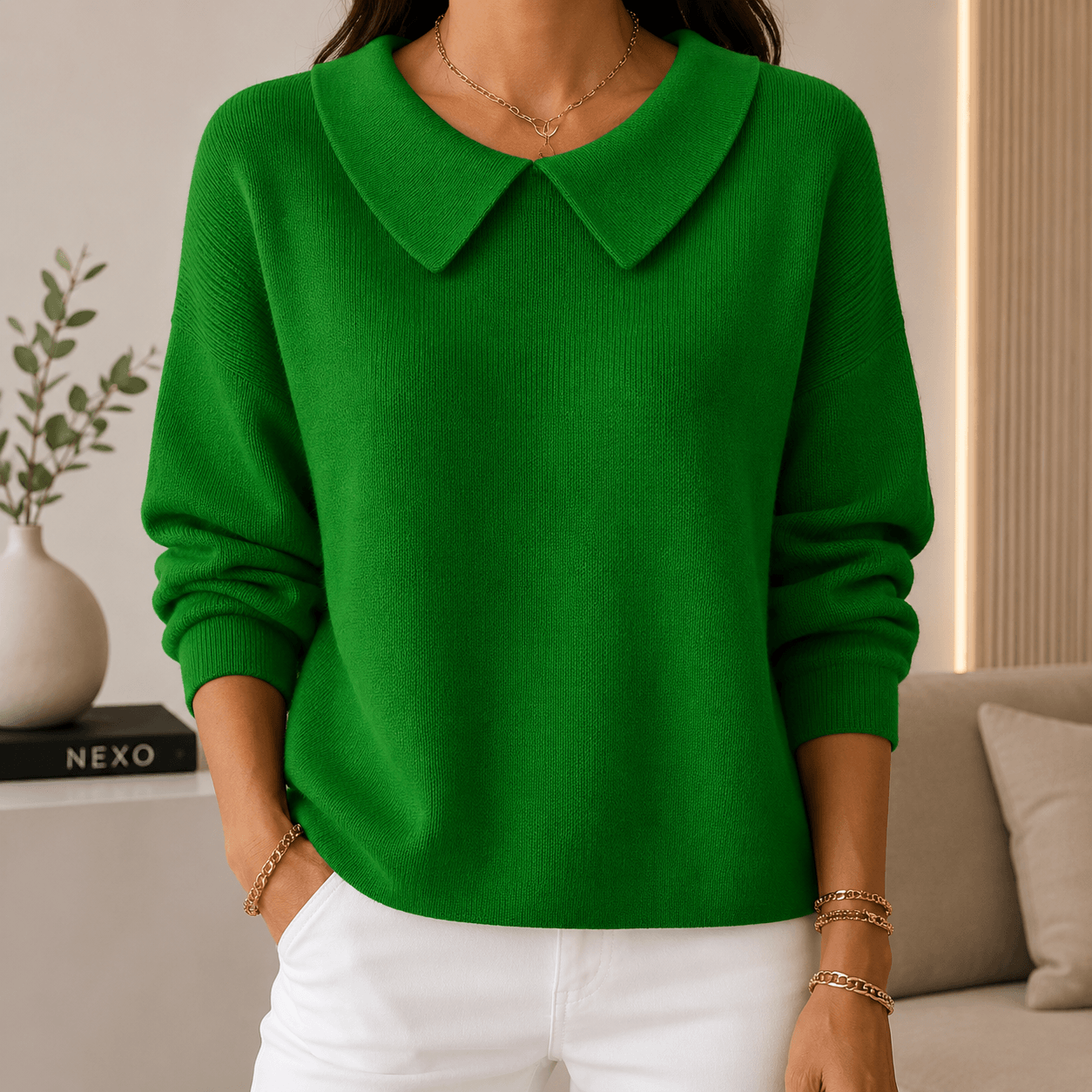 Hespera - Comfortable Plain Cotton Long-Sleeve Sweater