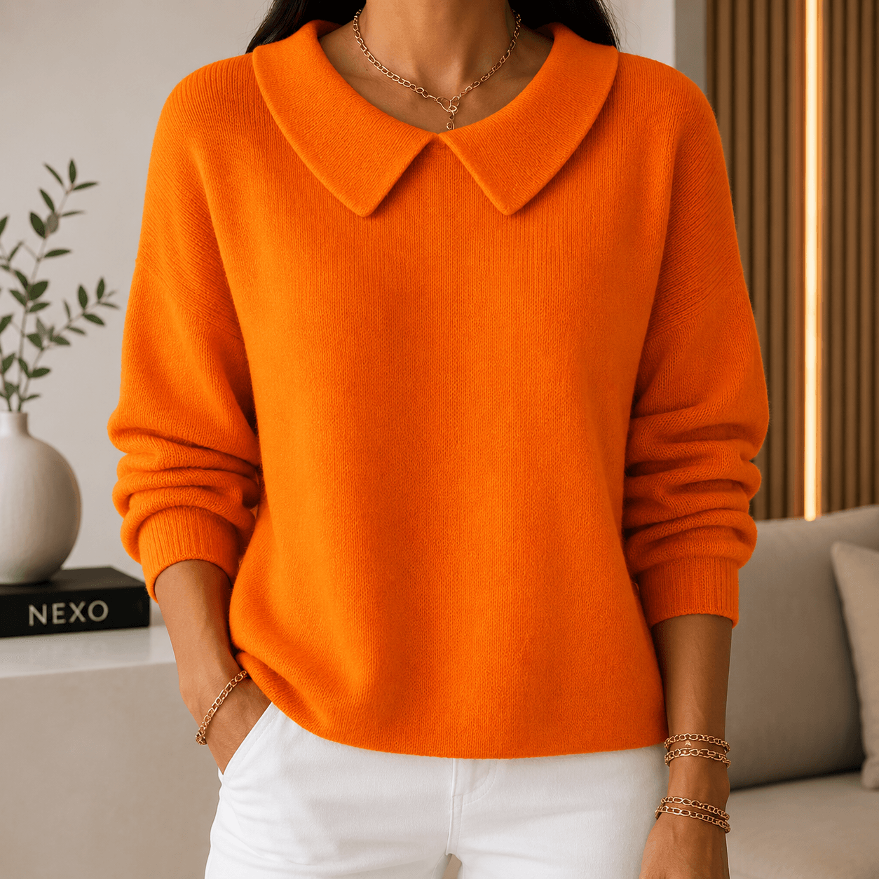 Hespera - Comfortable Plain Cotton Long-Sleeve Sweater