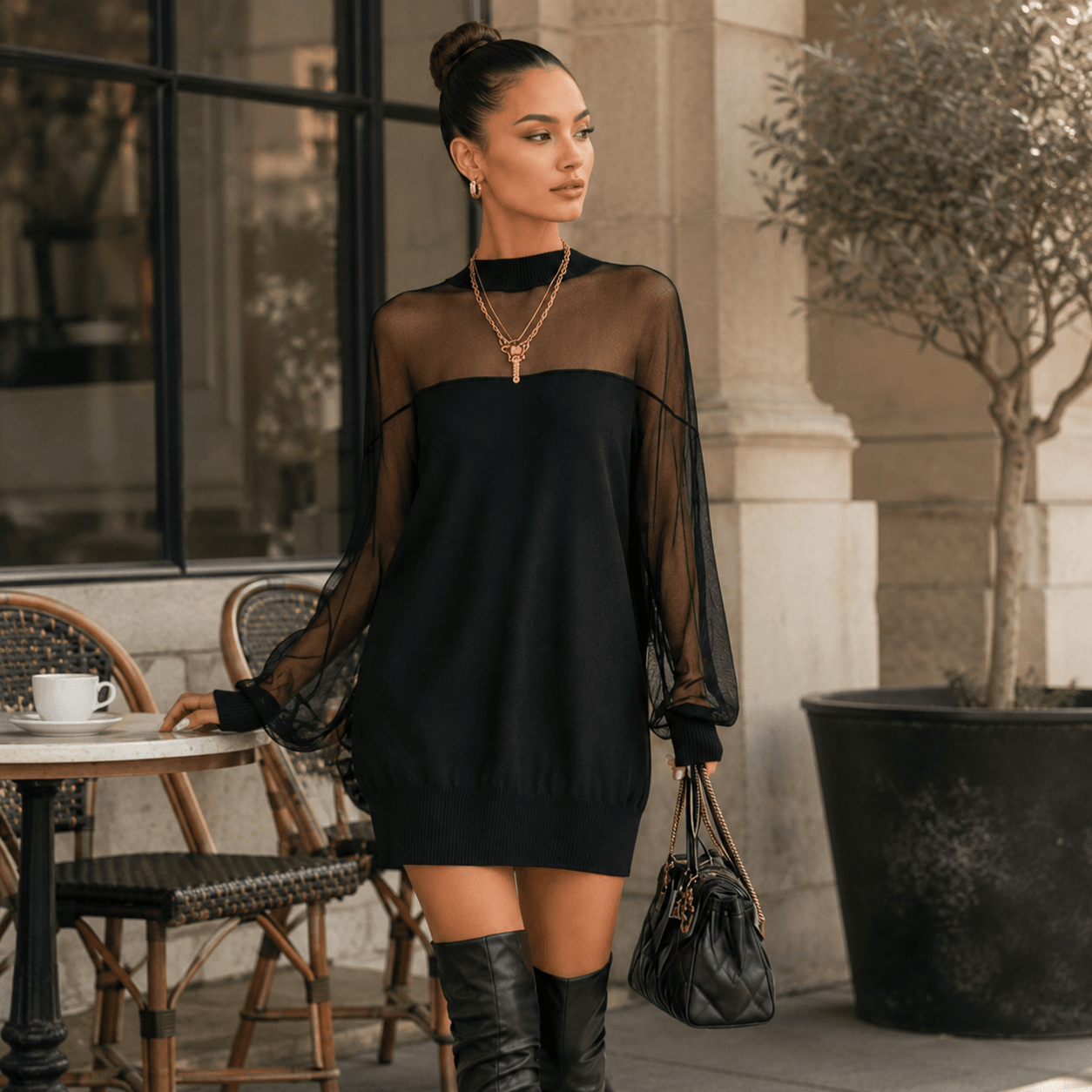 Amélie™ | Elegant Black Mini Dress with Mesh Sleeves
