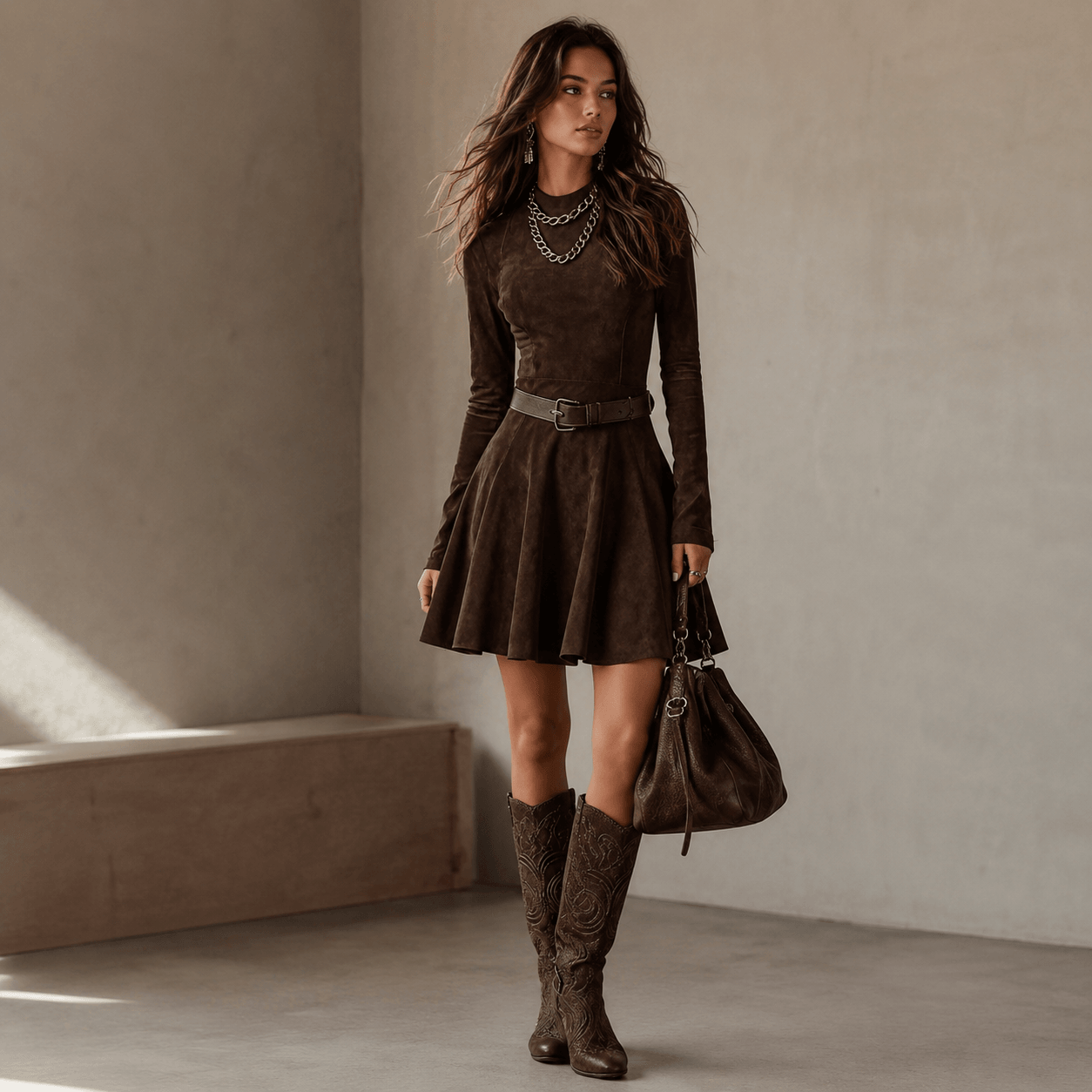 Noémie™ | Vintage Dark Brown Suede Mini Dress