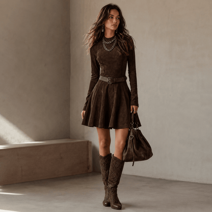 Noémie™ | Vintage Dark Brown Suede Mini Dress