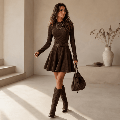 Noémie™ | Vintage Dark Brown Suede Mini Dress