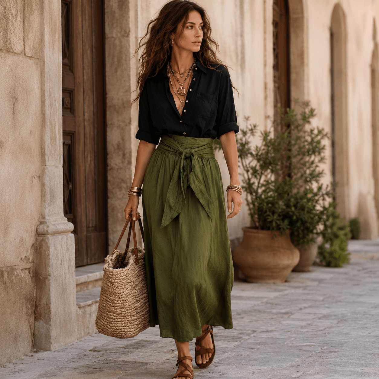Vera™ | Two-Piece Set: Black Top and Olive Green Midi Skirt