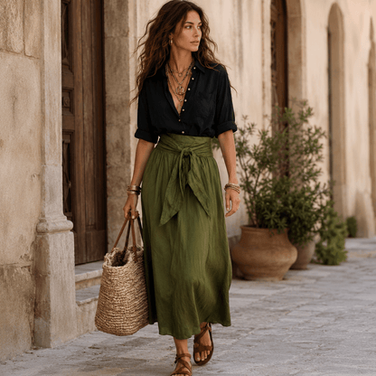 Vera™ | Two-Piece Set: Black Top and Olive Green Midi Skirt