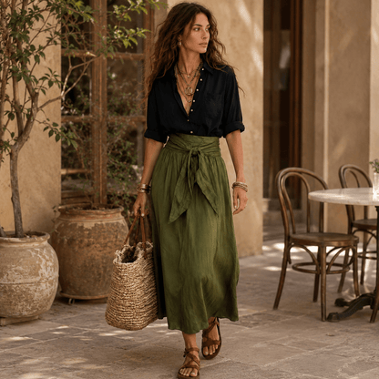 Vera™ | Two-Piece Set: Black Top and Olive Green Midi Skirt