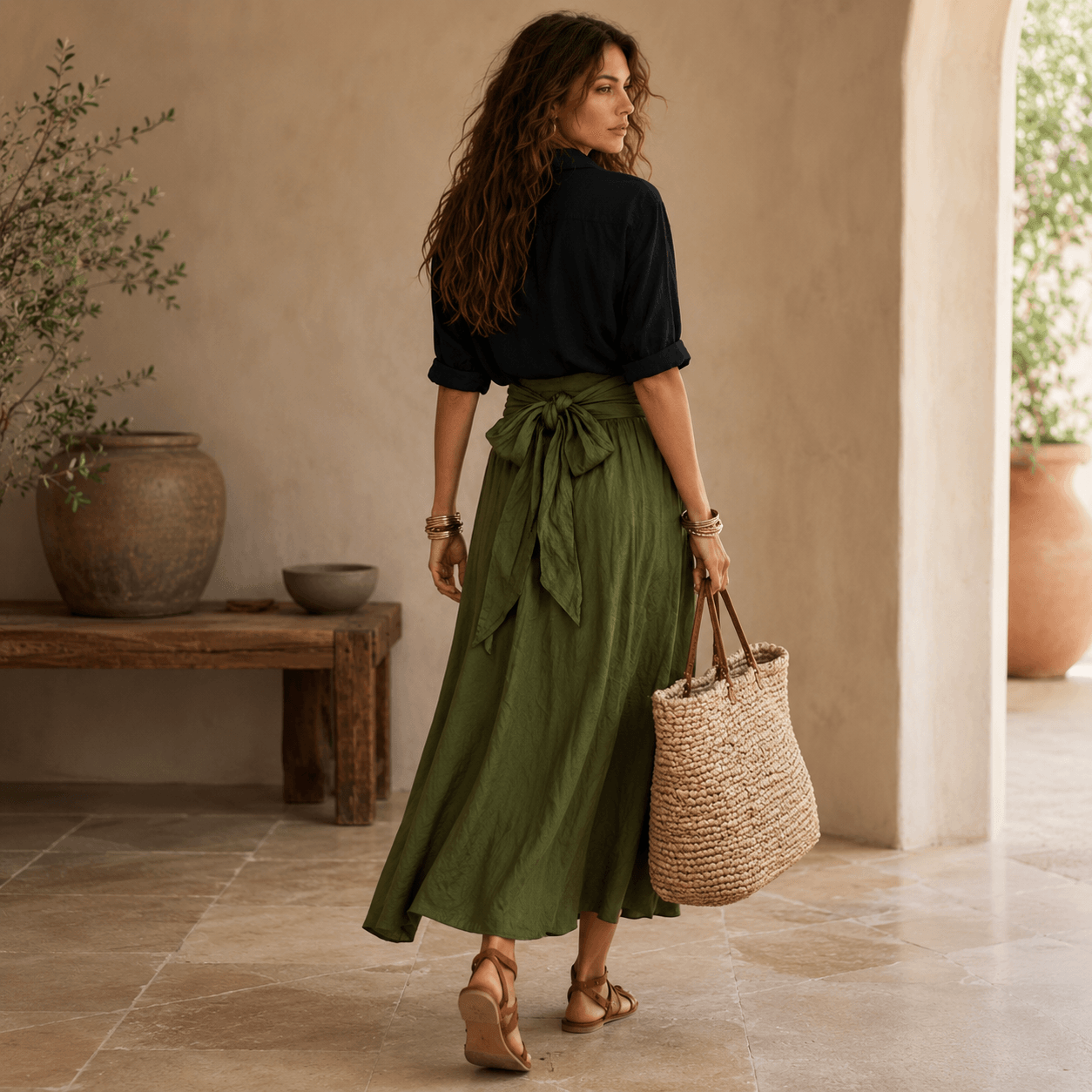 Vera™ | Two-Piece Set: Black Top and Olive Green Midi Skirt