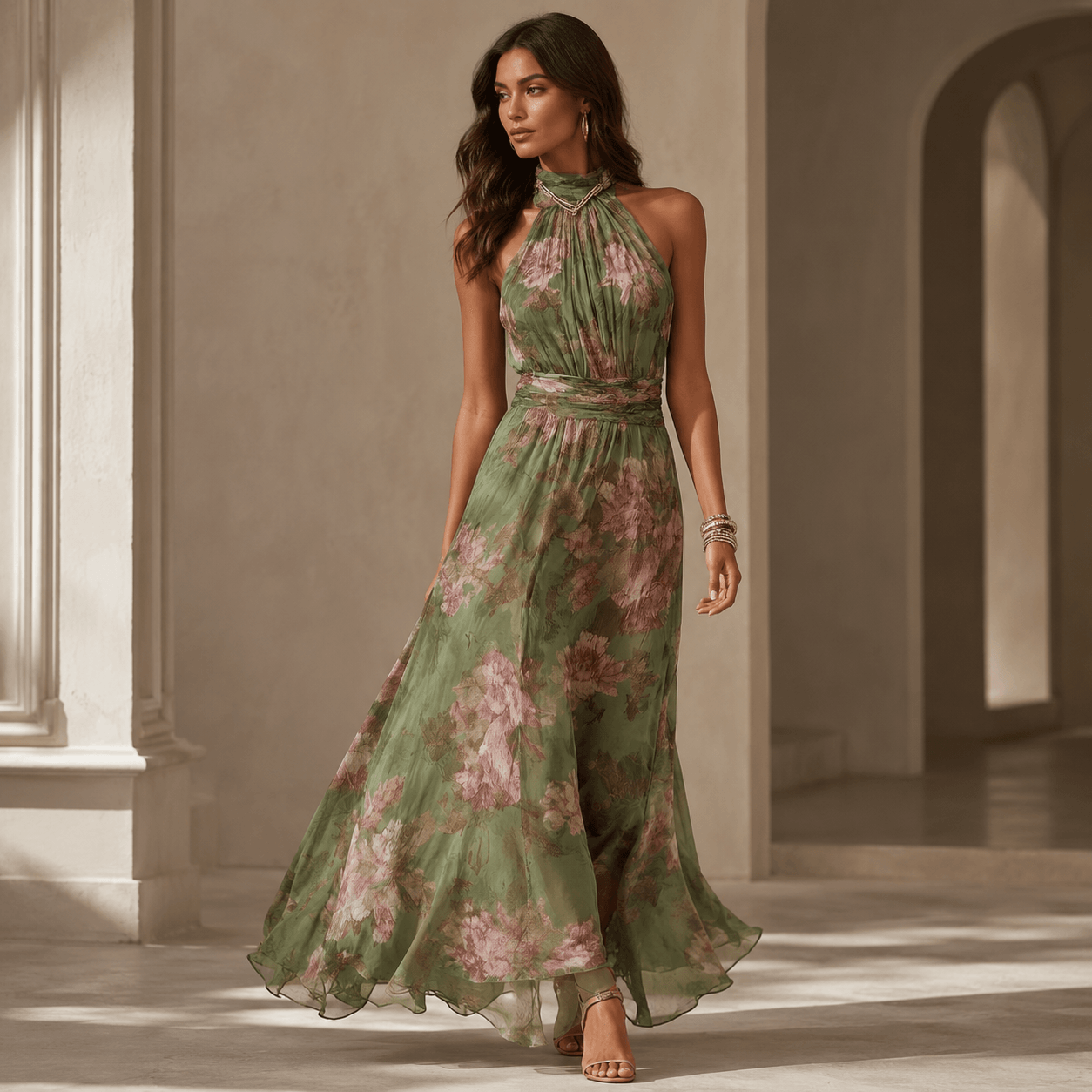 Florine™ | Green Floral Print Maxi Dress