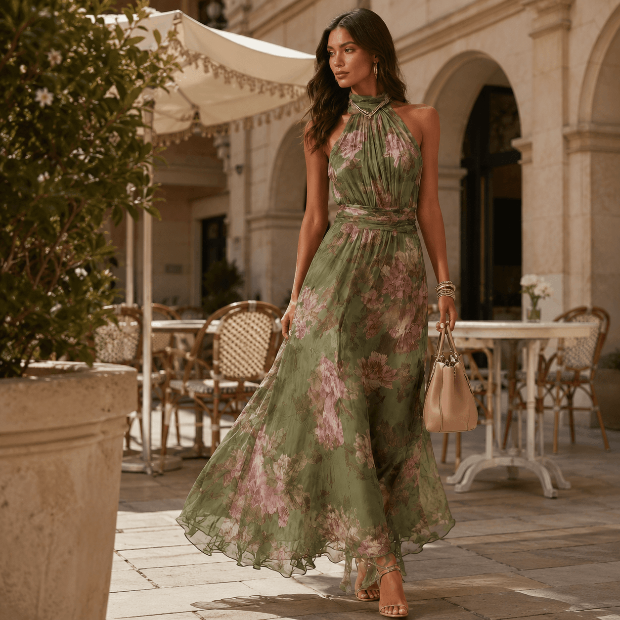 Florine™ | Green Floral Print Maxi Dress