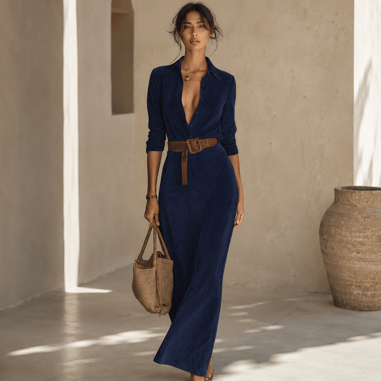Juline™ | Suede-Look Maxi Dress with Lapel