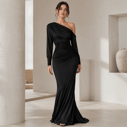 Célina™ | Black Satin One-Shoulder Maxi Dress
