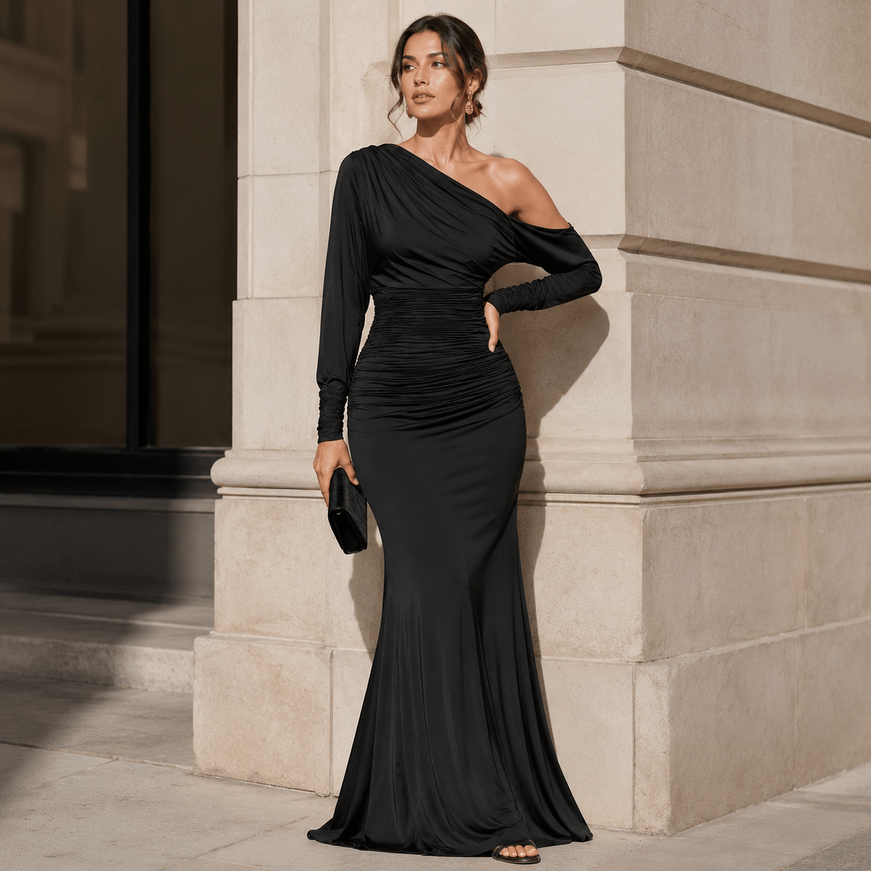 Célina™ | Black Satin One-Shoulder Maxi Dress