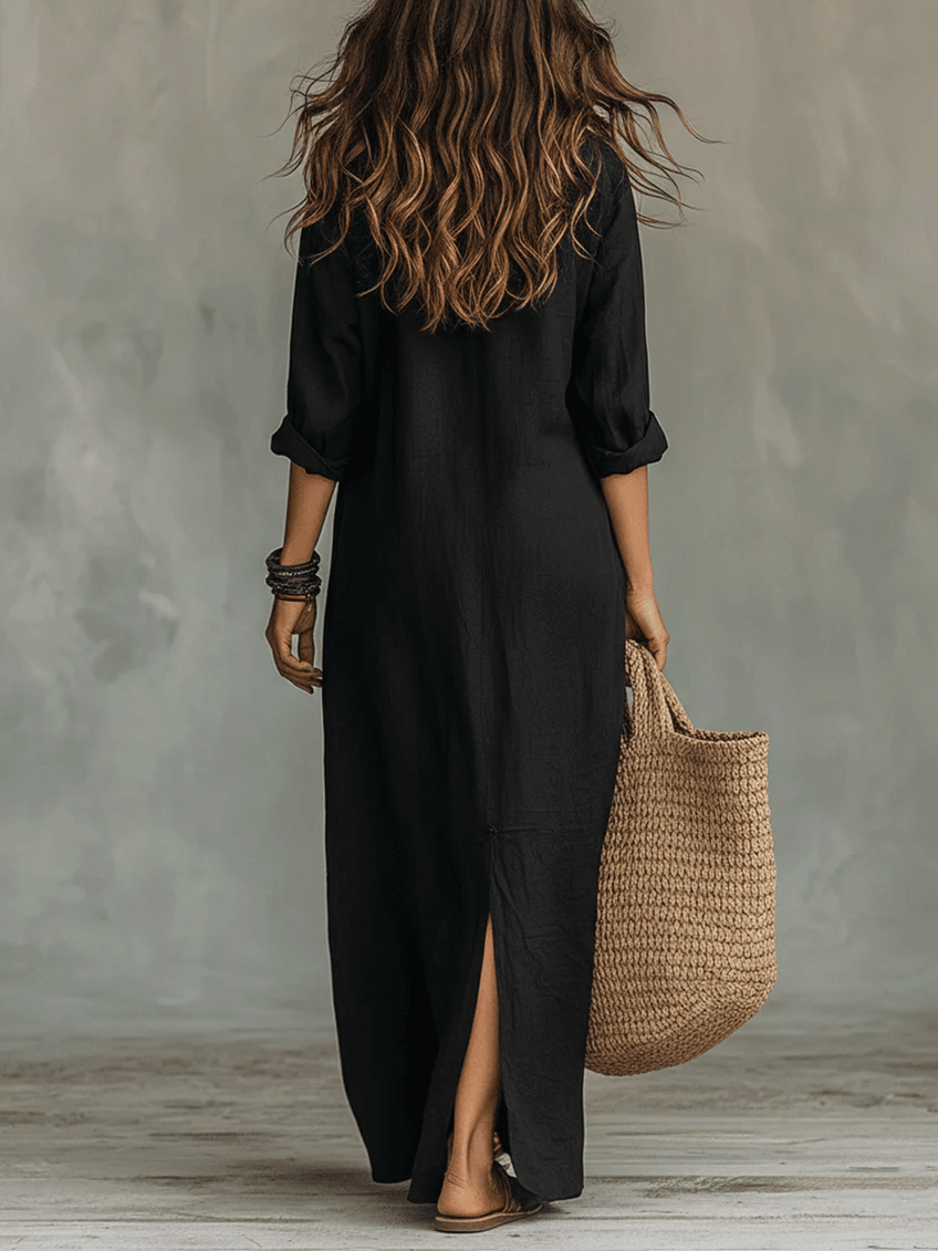 Soline™ | Relaxed Black Buttoned Maxi Dress