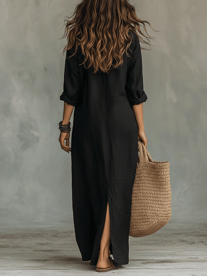 Soline™ | Relaxed Black Buttoned Maxi Dress