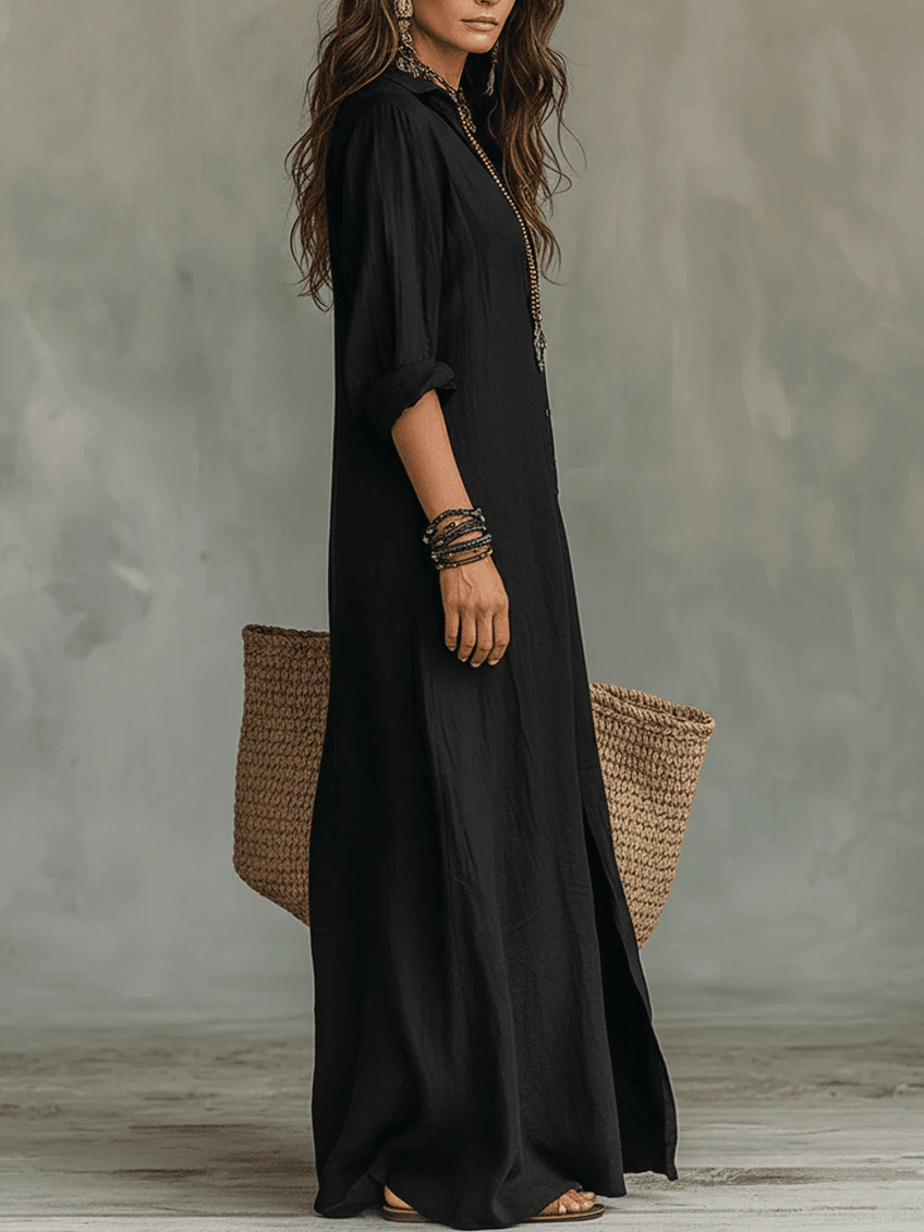 Soline™ | Relaxed Black Buttoned Maxi Dress