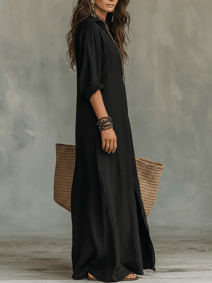 Soline™ | Relaxed Black Buttoned Maxi Dress