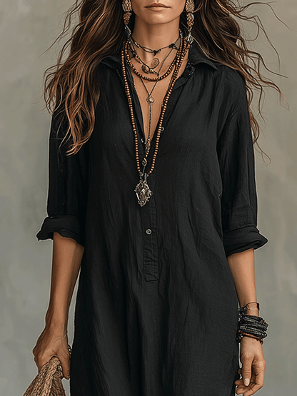 Soline™ | Relaxed Black Buttoned Maxi Dress