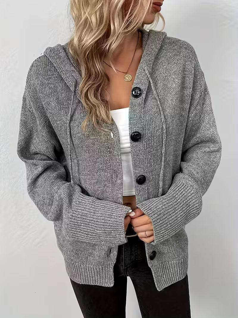 Karalina - Cable Knit Hooded Cardigan with Front Buttons